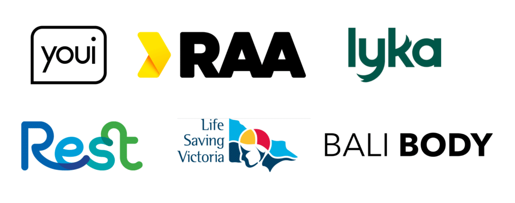 Logos of brands I've worked on SEO campaigns for: Youi, RAA, Lyka, Rest, Life Saving Victoria, Bali Body